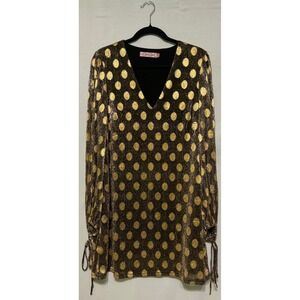 Traffic People Gold Polka Dot Sheer Long Sleeve V-Neck Mini Dress Party Event M‎